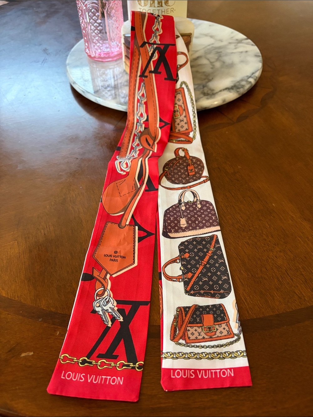 Louis Vuitton Red, White and Brown Silk Twilly with Bag Motif